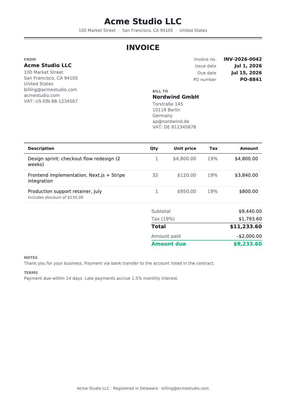 Classic invoice template rendered by Papermint