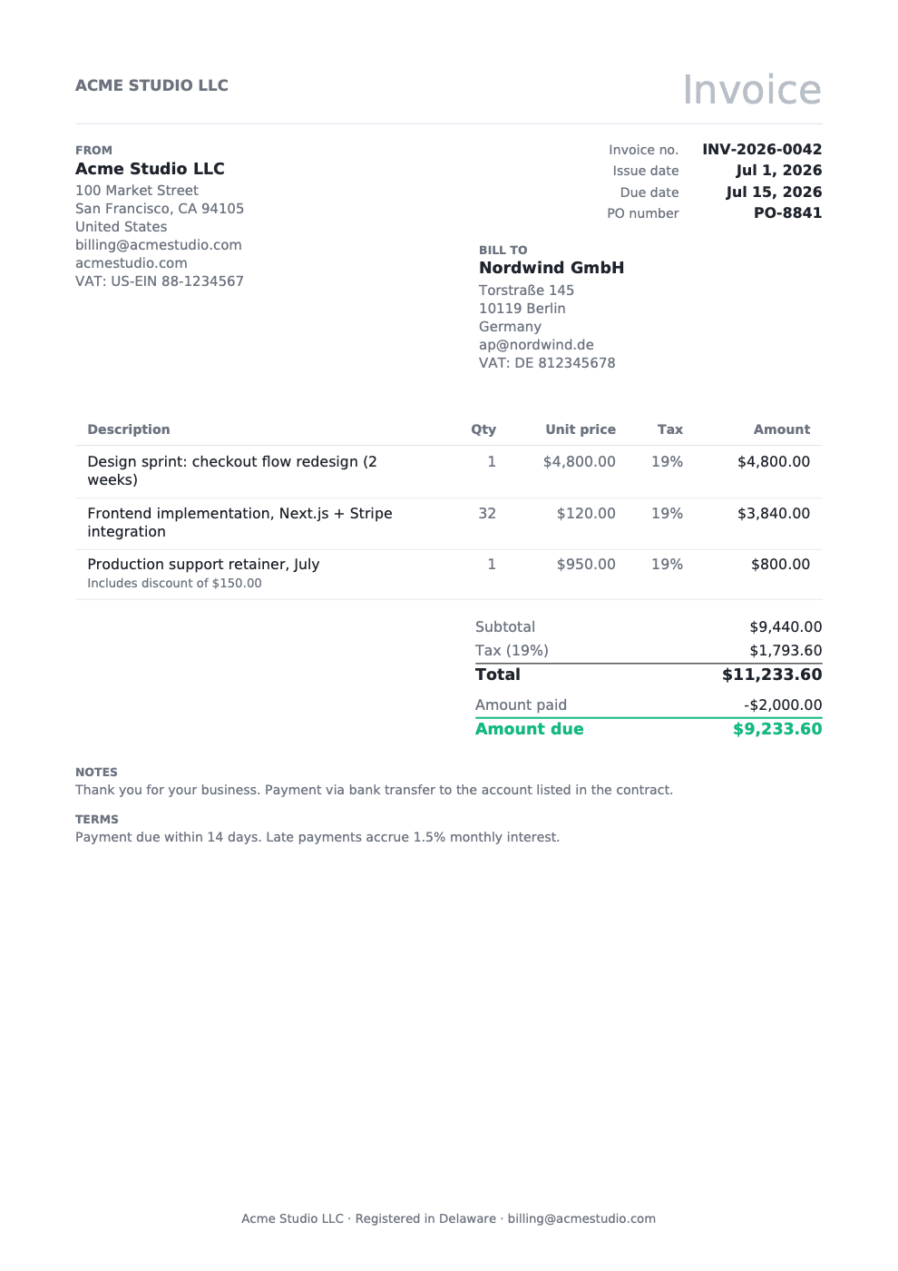 Minimal invoice template rendered by Papermint