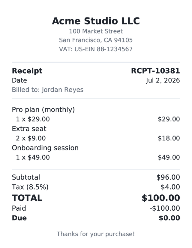 Receipt invoice template rendered by Papermint